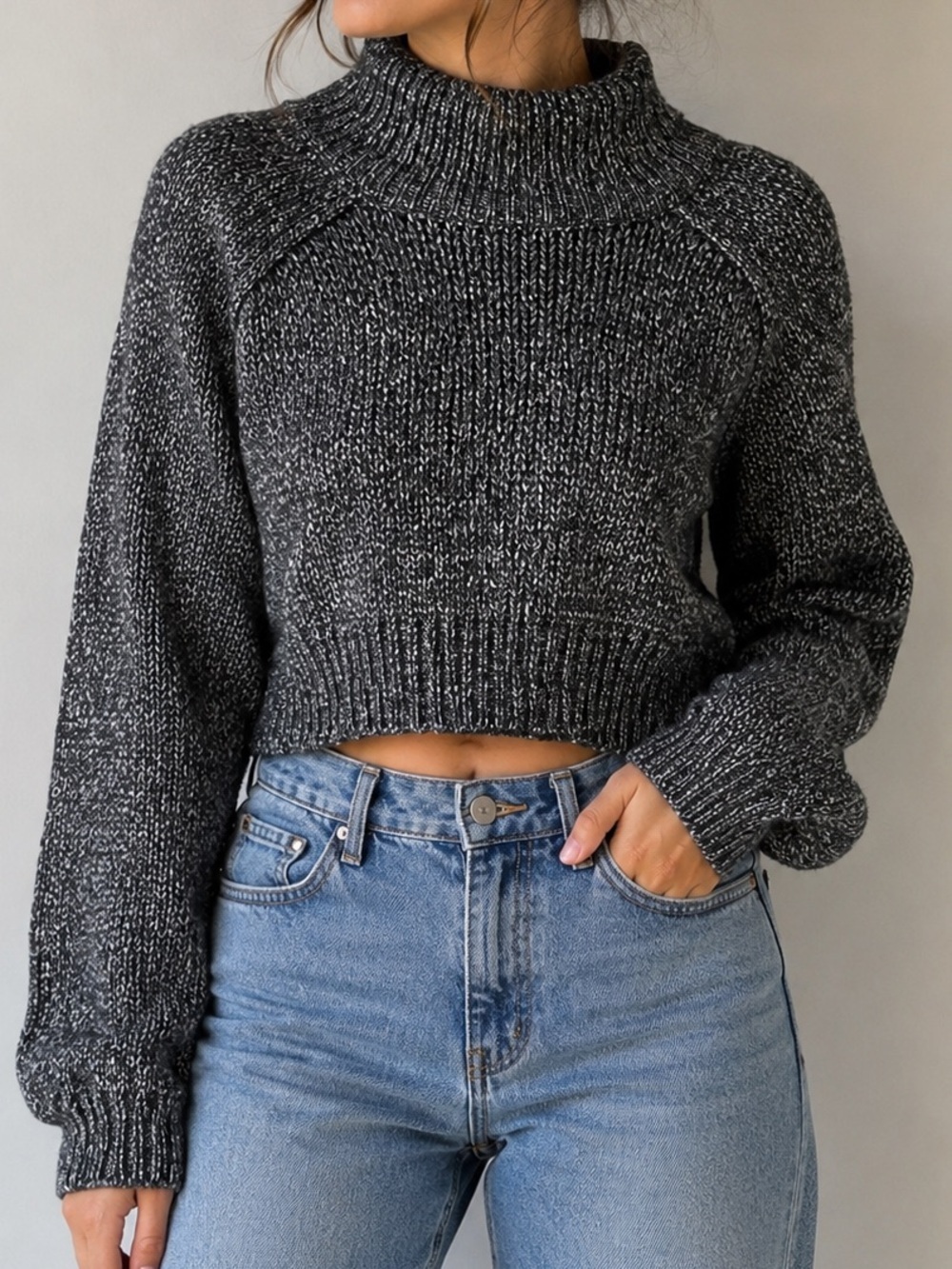 Zara Knit Black & White Marled Cropped Turtleneck Sweater Balloon Sleeve Size S